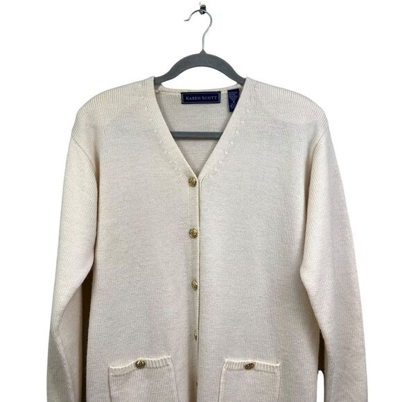 Karen Scott Womens Wool Blend Cardigan Sweater Gold Buttons Pockets Cream Sz M - Picture 2 of 5